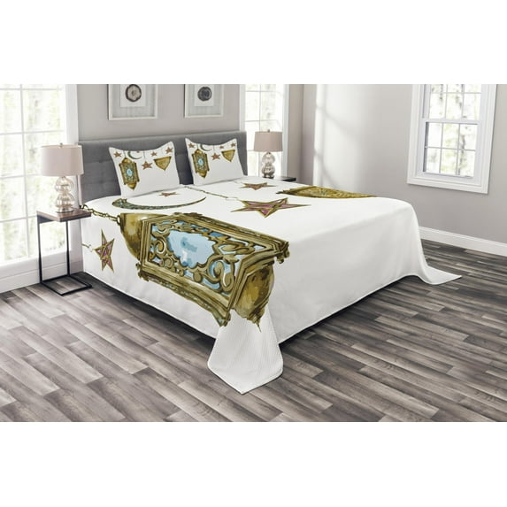 Ambesonne Oriental Quilted Bedspread Set 3 Pcs, Watercolor Moon Stars Art, Queen Size, Marigold Pink Blue