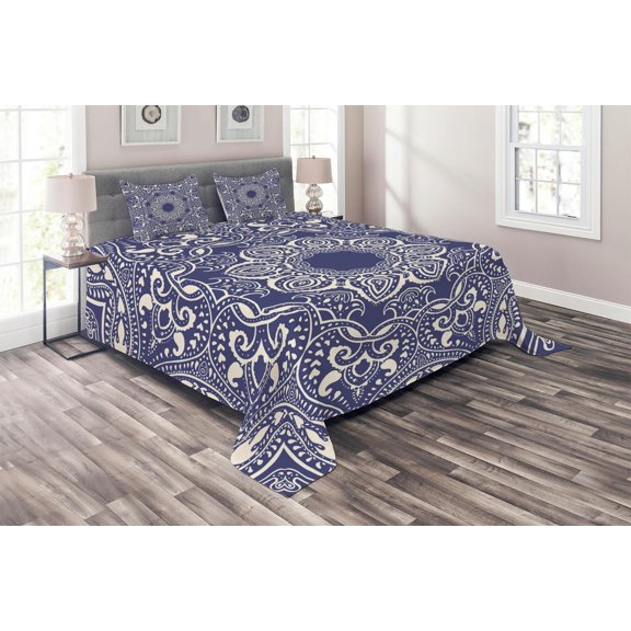 Ambesonne Oriental Quilted Coverlet 3 Pcs, Curly Floral Leaves Image, Queen Size, Blue and Cream