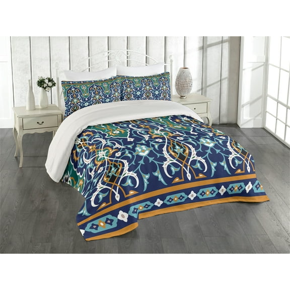 Ambesonne Oriental Quilted Coverlet 3 Pcs, Hippie Tribals, King Size, Blue Mustard