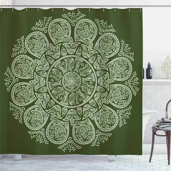 Ambesonne Oriental Shower Curtain, Abstract Round Mandala Art, 69"Wx84"L, Olive Green