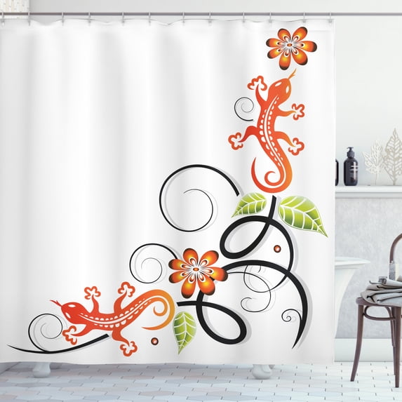 Ambesonne Oriental Shower Curtain, Lizard and Flower, 69"Wx84"L, Orange White Black