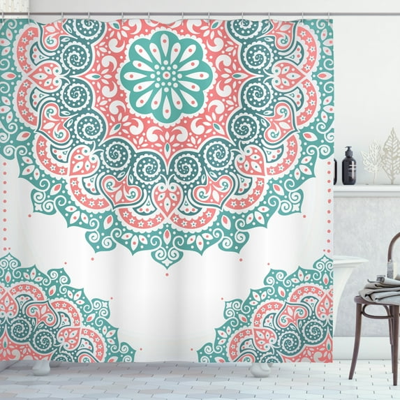 Ambesonne Oriental Shower Curtain, Soft Toned Mandala, 69"Wx75"L, Turquoise Coral Teal