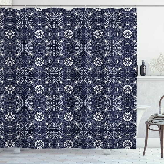 Ambesonne Oriental Shower Curtain, Vintage Spirals Curves, 69"Wx84"L, Dark Violet Blue Pearl