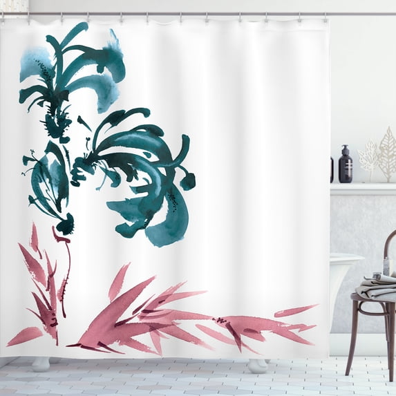 Ambesonne Oriental Shower Curtain, Watercolor East Floral Art, 69"Wx84"L, Dark Teal