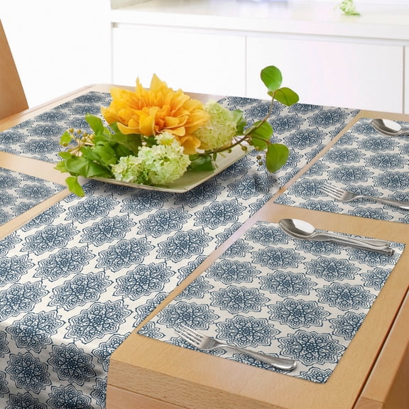 Ambesonne Oriental Table Runner & Placemats, Continuity of Universe Art, Placemat 4 pcs + Runner 16"x90", White and Dark Night Blue
