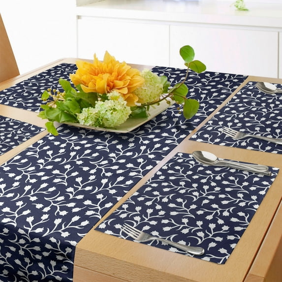 Ambesonne Oriental Table Runner & Placemats, Ethnic Monochrome Tulips, Placemat 4 pcs + Runner 14"x90", Dark Violet Blue White