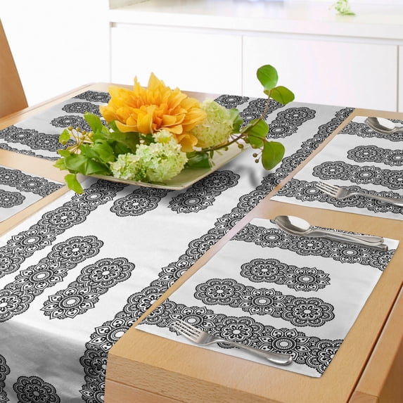 Ambesonne Oriental Table Runner & Placemats, Mandala Pattern, Placemat 4 pcs + Runner 16"x72", White Black