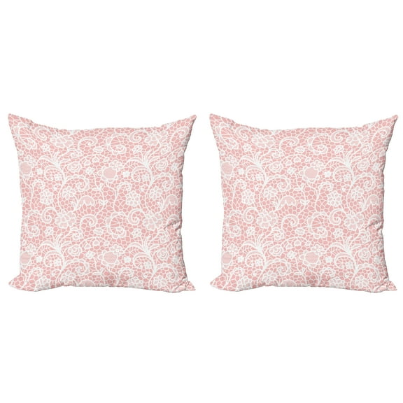Ambesonne Oriental Throw Pillow Cover 2 Pack, Floral Hexagon Lace Grids, 20", Blush White
