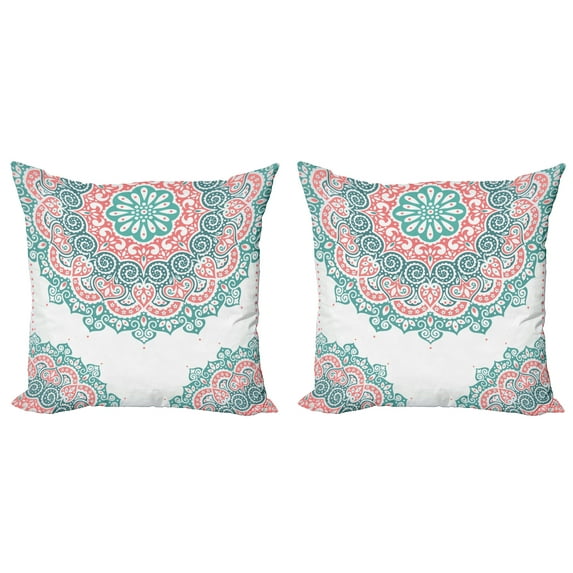Ambesonne Oriental Throw Pillow Cover 2 Pack, Soft Toned Mandala, 16", Turquoise Coral Teal