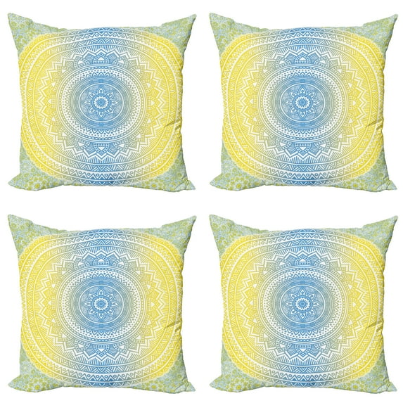 Ambesonne Oriental Throw Pillow Cover 4 Pack, Blue Ombre Mandala, 16", Blue Yellow