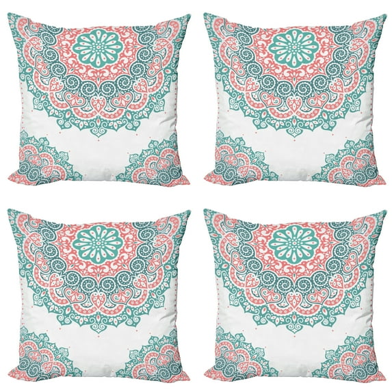 Ambesonne Oriental Throw Pillow Cover 4 Pack, Soft Toned Mandala, 18", Turquoise Coral Teal
