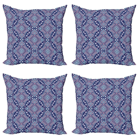 Ambesonne Oriental Throw Pillow Cover 4 Pack, Tribal Cultural Motifs, 24", Indigo Pale Pink