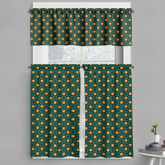 Ambesonne Oriental Valance & Curtain, Folklore Art Floral Motif, 55"x24", Hunter Green Marigold