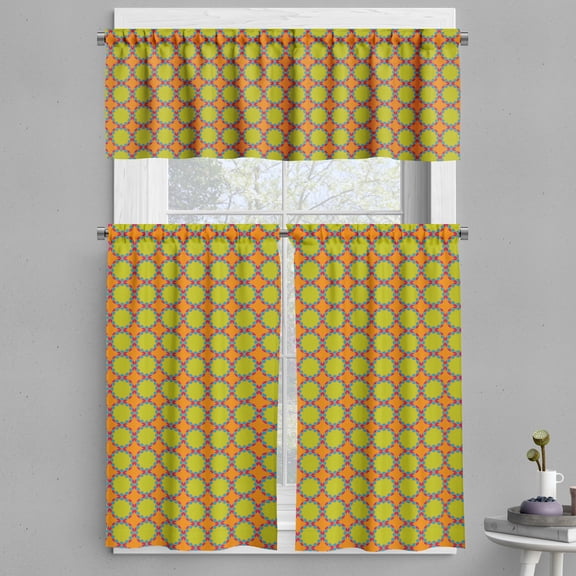 Ambesonne Oriental Valance & Curtain, Vibrant Floral Rounds Art, 55"x30", Yellow Green Orange