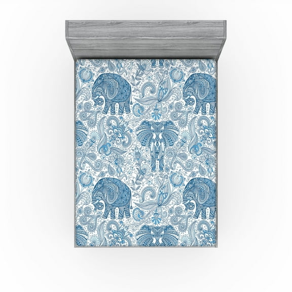 Ambesonne Oriental Vibes Fitted Sheet, Floral Boho Elephant, Full Size, Dark Lavender White