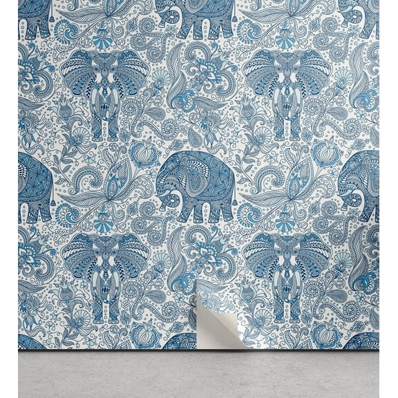 Ambesonne Oriental Vibes Peel & Stick Wallpaper for Home, Floral Boho Elephant, 13"x100", Dark Lavender White