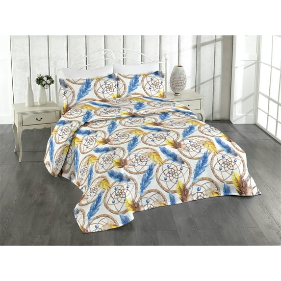 Ambesonne Oriental Vibes Quilted Bedspread Set 3 Pcs, Ethnic Dreamcatchers, Twin, Dark Lavender Mustard Tan