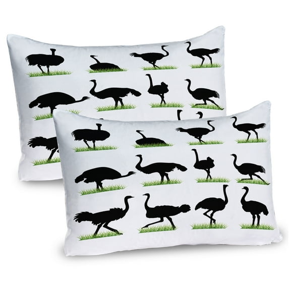 Ambesonne Ostrich Pillow Sham 2 Pack, Animal Silhouette Grass, 30"x20", Fern Green White