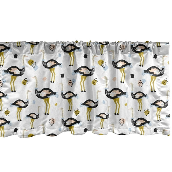 Ambesonne Ostrich Window Valance, Exotic Birds in Doodle with Ornamental Funny Wings Zoo Animals Childish Kids, Curtain Valance for Kitchen Bedroom Decor with Rod Pocket, 54" X 18", Multicolor
