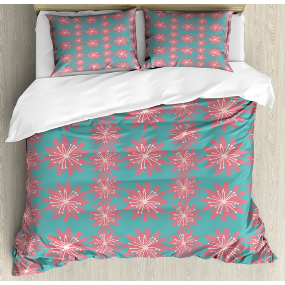 Ambesonne Outdoor Duvet Cover Sets, Lively Garden, 2-Queen, Teal Pink White
