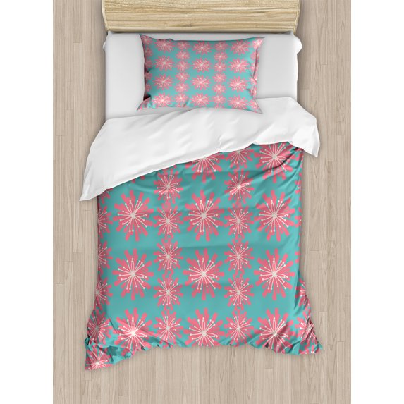 Ambesonne Outdoor Duvet Cover Sets, Lively Garden, 2-Twin, Teal Pink White
