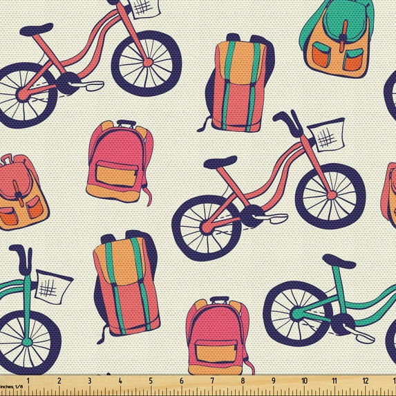 Ambesonne Outdoor Fabric by the Yard Upholstery, Bicycles and Backpacks Art, 2 Yards, Eggshell Multicolor