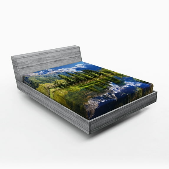 Ambesonne Outdoor Fitted Sheet, Mountain Lake Evergreen, Queen Size, Blue Green White