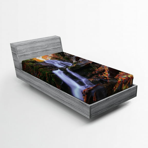 Ambesonne Outdoor Fitted Sheet, Mountain and Waterfall, Twin XL Size, Orange Green Brown