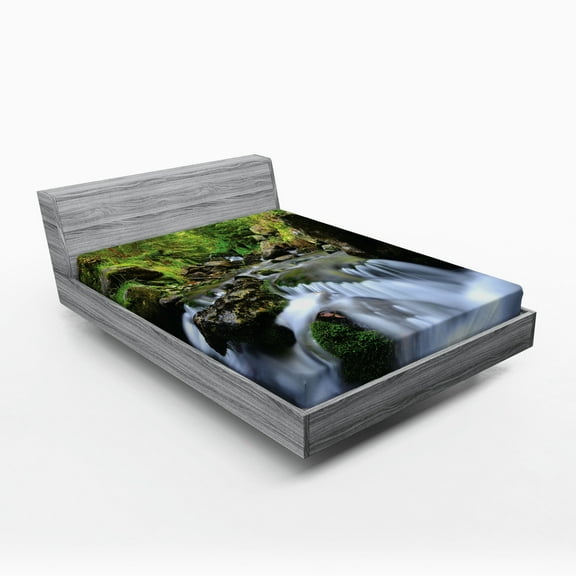 Ambesonne Outdoor Fitted Sheet, National Park Cascade, Full Size, Fern Green Dark Grey