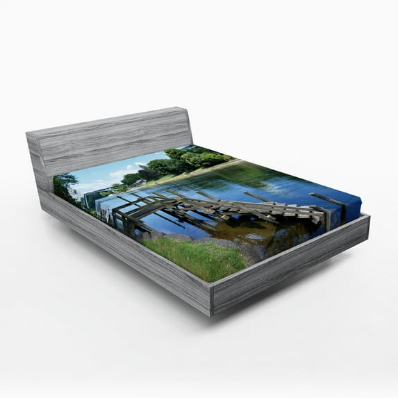 Ambesonne Outdoor Fitted Sheet, Waikato River Hamilton, Queen Size, Green Blue Grey