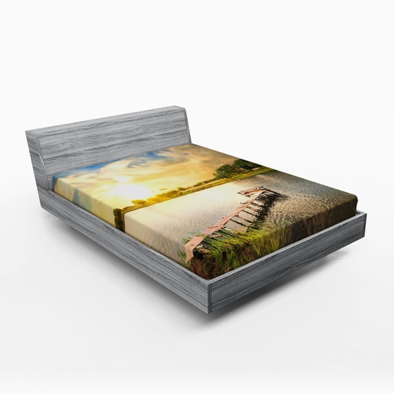 Ambesonne Outdoor Fitted Sheet, Wood Deck Lake Foliage, Full Size, Multicolor