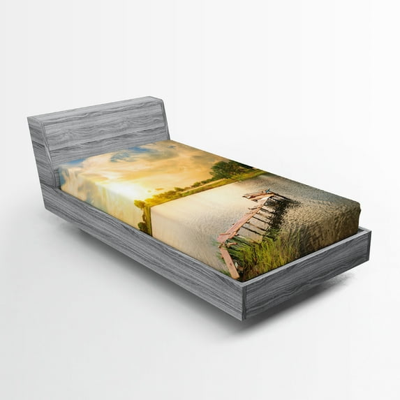 Ambesonne Outdoor Fitted Sheet, Wood Deck Lake Foliage, Twin XL Size, Multicolor