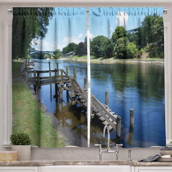 Ambesonne Outdoor Kitchen Curtains, Waikato River Hamilton, 55"x39", Green Blue Grey