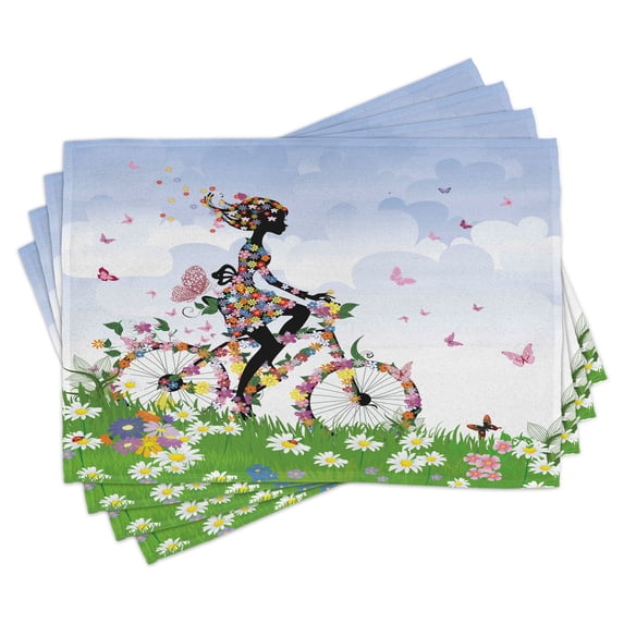 Ambesonne Outdoor Place Mats Set of 4, Vintage Romantic Bike, Standard Size, Multicolor