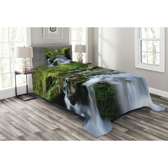 Ambesonne Outdoor Quilted Bedspread Set 2 Pcs, National Park Cascade, Twin Size, Fern Green Dark Grey