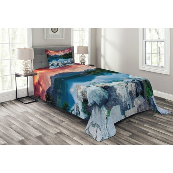 Ambesonne Outdoor Quilted Bedspread Set 2 Pcs, National Park Slovakia, Twin Size, Multicolor