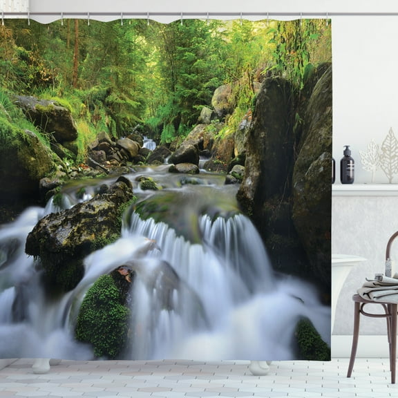 Ambesonne Outdoor Shower Curtain, National Park Cascade, 69"Wx84"L, Fern Green Dark Grey