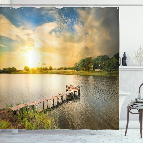 Ambesonne Outdoor Shower Curtain, Wood Deck Lake Foliage, 69"Wx75"L, Multicolor