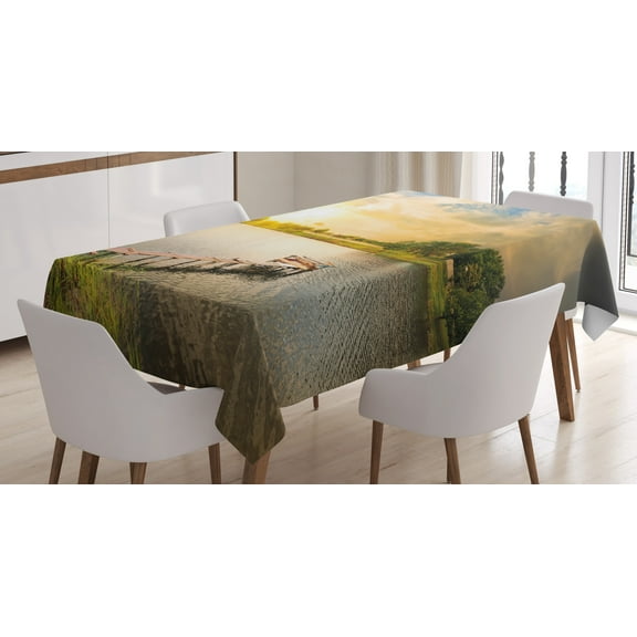 Ambesonne Outdoor Tablecloth Rectangular Table Cover, Wood Deck Lake Foliage, 52"x70", Multicolor