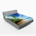 thumbnail image 1 of Ambesonne Outdoors Fitted Sheet, Beach Sunset and Waves, Full Size, Pale Brown Green Blue, 1 of 3