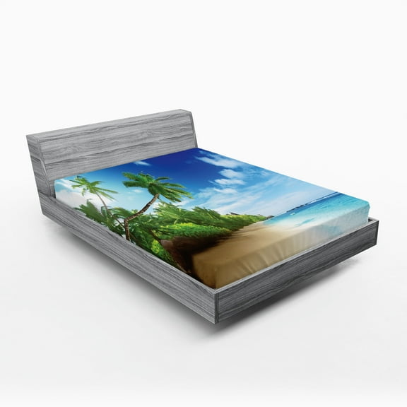 Ambesonne Outdoors Fitted Sheet, Beach Sunset and Waves, Queen Size, Pale Brown Green Blue