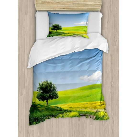 Ambesonne Outdoorsy Duvet Cover Sets, Rural Country Scenery, 2-Twin, Apple Green and Pale Blue