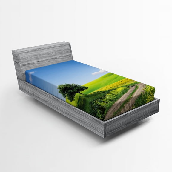 Ambesonne Outdoorsy Fitted Sheet, Rural Country Scenery, Twin Size, Apple Green and Pale Blue