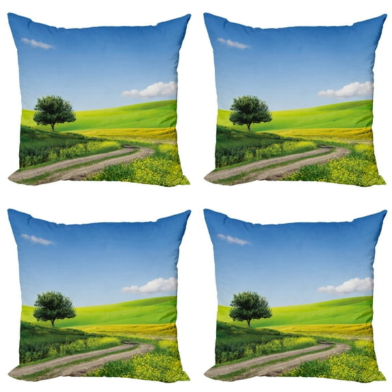 Ambesonne Outdoorsy Throw Pillow Cover 4 Pack, Rural Country Scenery, 18", Apple Green and Pale Blue