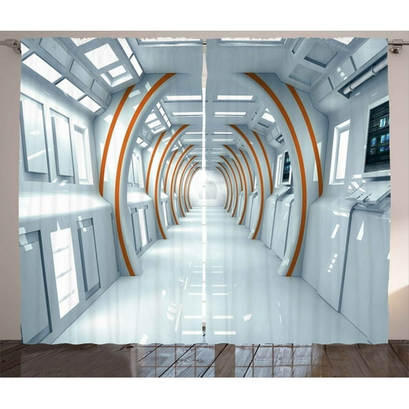 Ambesonne Outer Space Curtains 2 Panel Set, Spaceship Hallway, 108" x 96", Pale Blue Orange