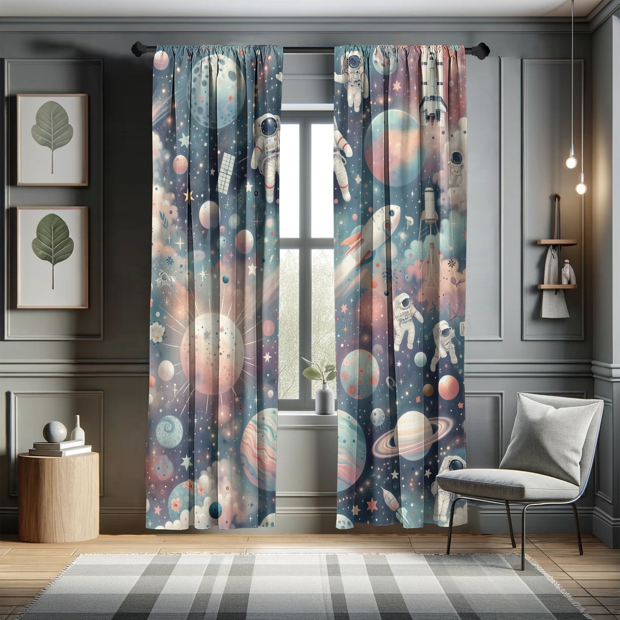 Ambesonne Ambesonne Outer Space Curtains Cartoon Galaxy Clouds Pair of Pale Blue Pale Salmon