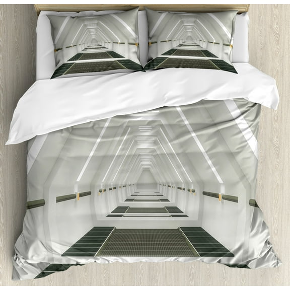 Ambesonne Outer Space Duvet Cover Set, Science Fiction, Queen, Army Green Pale Grey