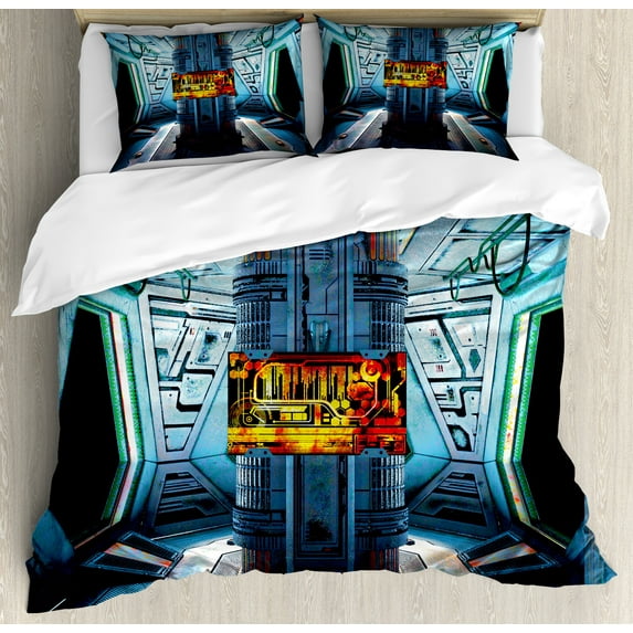 Ambesonne Outer Space Duvet Cover Set, Ship Station Base, 2-Calking, Blue Black Orange