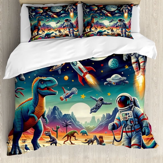 Ambesonne Outer Space Duvet Cover Set, Surreal Astronaut Moon, Queen, Multicolor Teal Red