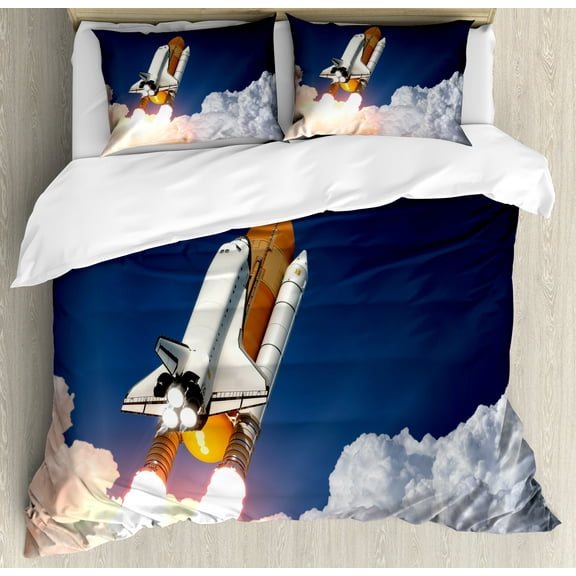 Ambesonne Outer Space Duvet Cover Sets, Rocket Lift Blast, 2-King, White Blue Orange